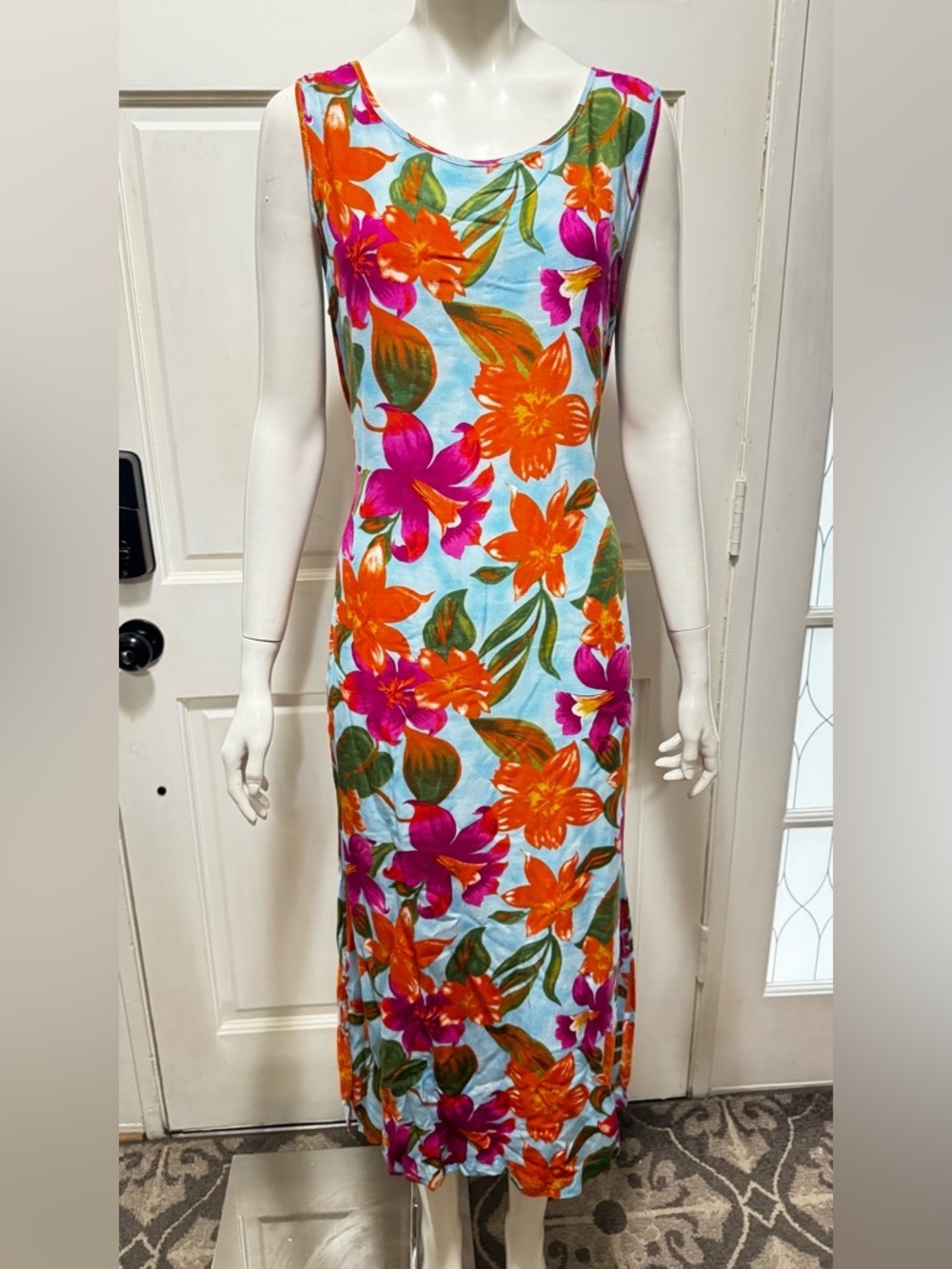 Jane Ashley Vintage Rayon 80s 90s Floral Plumeria Hawaiian Maxi Dress Size Large